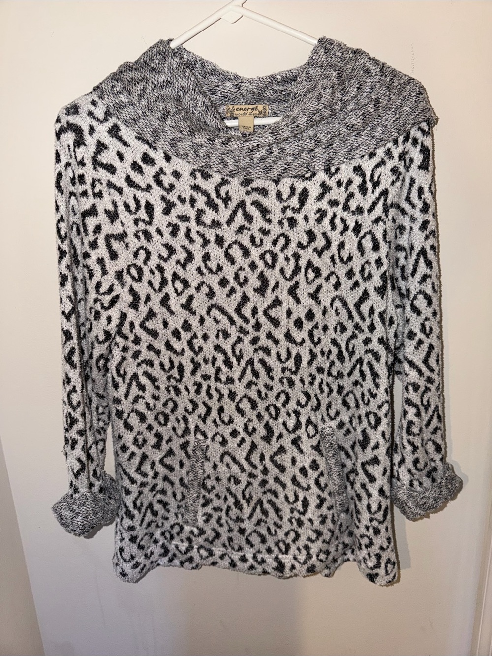 Cozy Leopard Print Funnel Neck Hoodie - Black & White